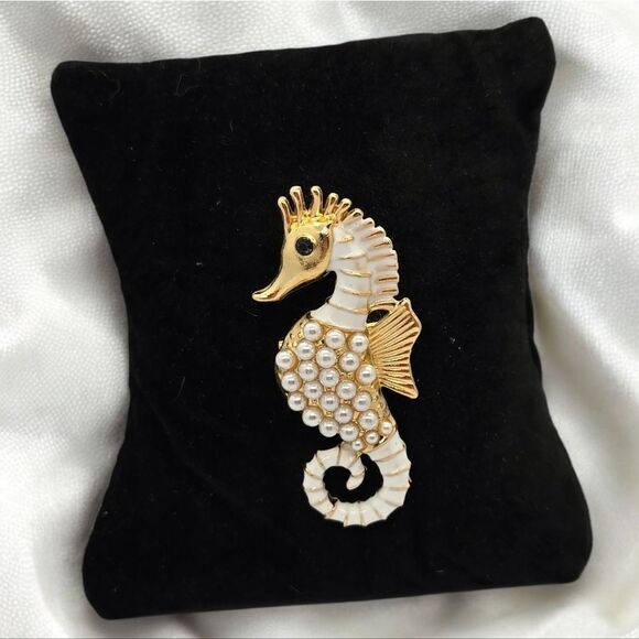 Boutique Jewelry - Shiny Gold Pearl Seahorse Brooch Pin White Enamel Nautical Beach Ocean Jewelry